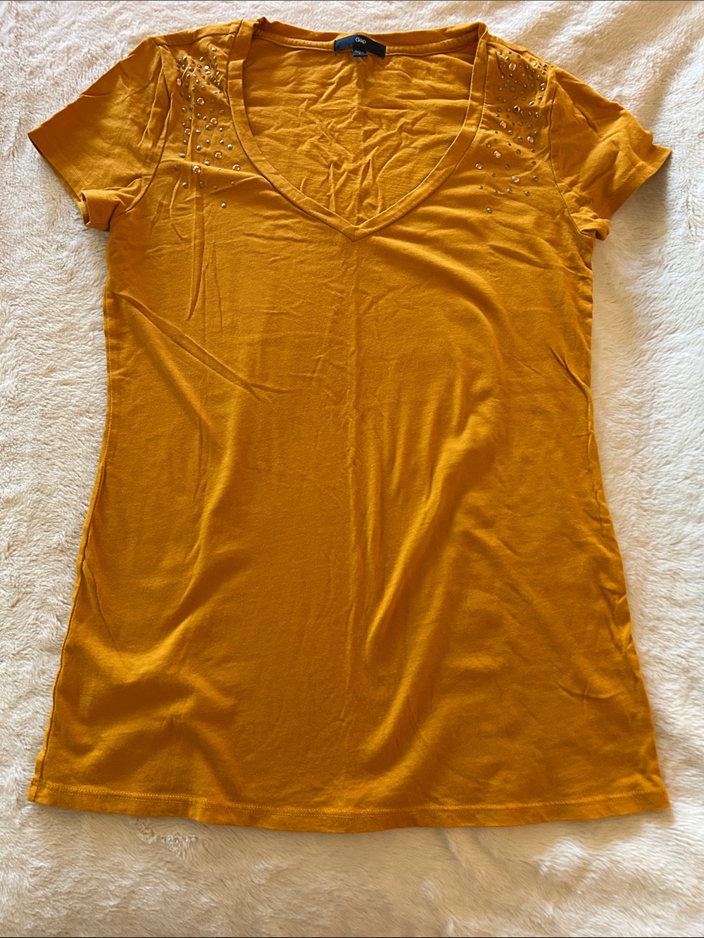 GAP Mustard Yellow V-Neck Short Sleeve Tee with Shoulder Studs